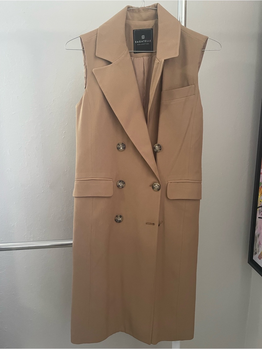 Bagatelle Sleeveless Double-Breasted Long Vest in Camel